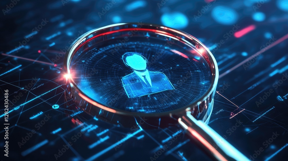 Poster a modern hr tech visualization with a digital magnifying glass pinpointing a bright target candidate