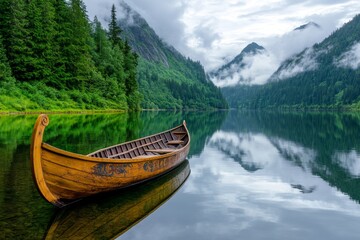 Obraz premium Misty fjord with Viking longship moored in foreground Lush forests and towering cliffs surround calm waters Ethereal atmosphere with soft light and low clouds