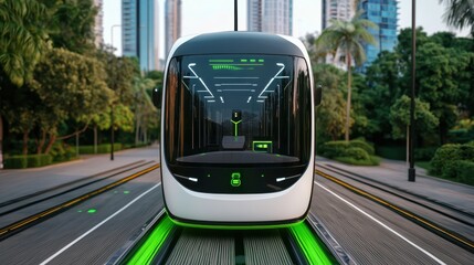 A futuristic, sleek train on vibrant green tracks surrounded by urban nature and modern buildings, showcasing advanced public transportation.