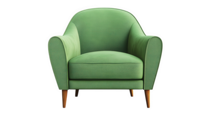stylish green upholstered armchair with a rounded back and tapered wooden legs. designed for comfort and aesthetic appeal. suitable for modern living spaces or offices