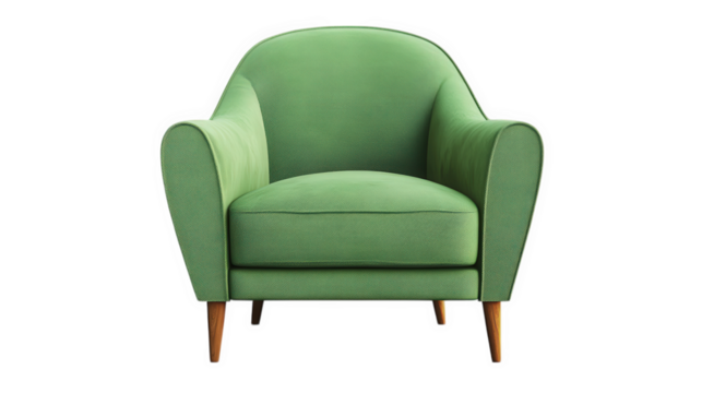 stylish green upholstered armchair with a rounded back and tapered wooden legs. designed for comfort and aesthetic appeal. suitable for modern living spaces or offices
