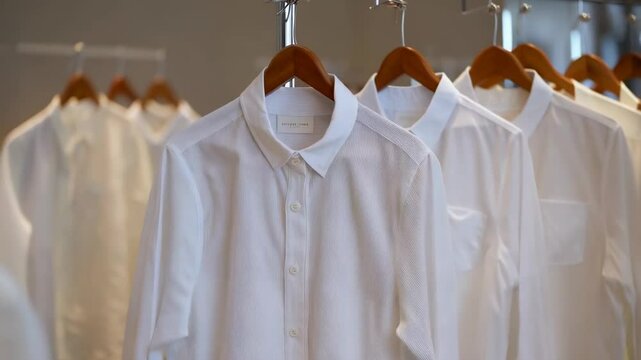 Close-up of several crisp white shirts hanging on wooden hangers in a row.