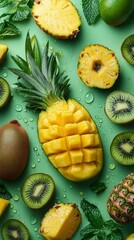 Fresh tropical fruits arranged beautifully on a vibrant green backdrop inviting summer vibes