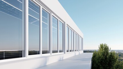 Fototapeta premium A modern building with large windows reflecting a clear sky, showcasing a sleek design and a view of greenery.