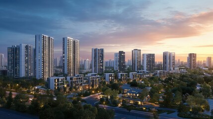 Obraz premium A panoramic cityscape showcasing modern real estate, high-rise buildings, and urban expansion at twilight.