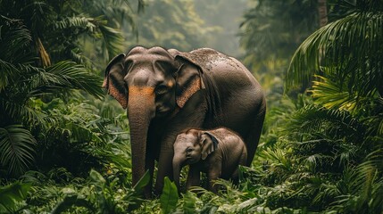 Fototapeta premium Elephants Mother and Calf in a Lush Rainforest