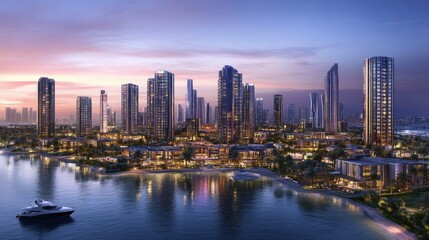 Obraz premium A panoramic cityscape showcasing modern real estate, high-rise buildings, and urban expansion at twilight.