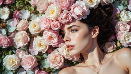 Naklejka premium Beautiful Woman's Face Surrounded by Blooming Flowers.