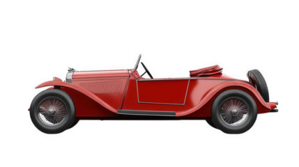 a classic red convertible car. emphasizing its vintage design with a sleek body. wire-spoke wheels. and an open-top feature the car is presented in a side view against a plain background. highlighting