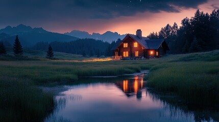 Fototapeta premium A peaceful log home deep in the mountains, reflecting the last rays of sunlight as the stars begin to appear.