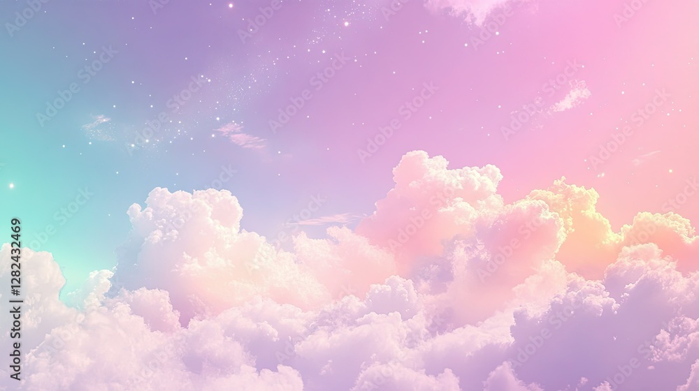 Poster a peaceful starry sky with dreamy multicolored clouds, creating a relaxing and mesmerizing cosmic at