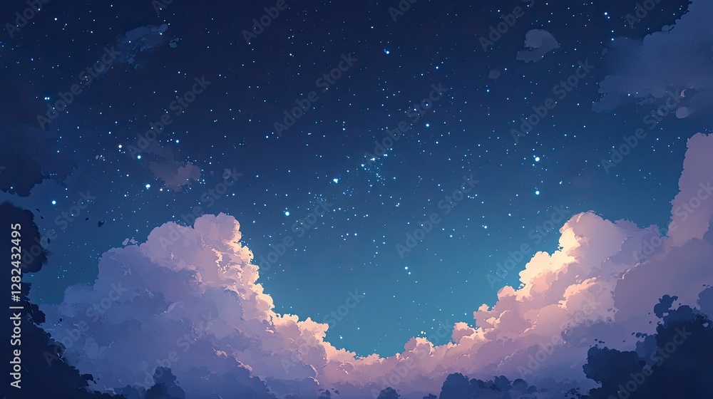 Poster a peaceful starry sky with dreamy multicolored clouds, creating a relaxing and mesmerizing cosmic at