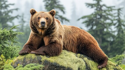 Obraz premium Grizzly bear resting on mossy rock in misty forest. Possible use Nature, wildlife photography