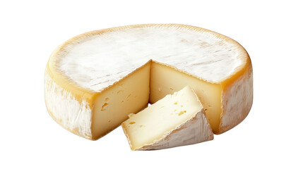 a round cheese wheel with a slice cut out. showcasing its creamy interior and a soft. white rind the cheese appears rich and inviting. suitable for culinary uses such as cheese boards. sandwiches. or