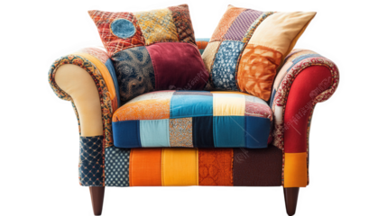 vibrant. patchwork armchair adorned with various colorful fabrics and cushions. showcasing a blend of textures and patterns this cozy furniture piece serves as a stylish and inviting addition to any l