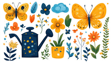 Spring icons in a playful doodle style, including watering cans, clouds, and butterflies