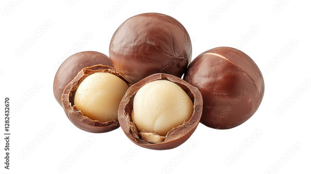 Poster several macadamia nuts. some whole and others halved. revealing their creamy white inner kernels the
