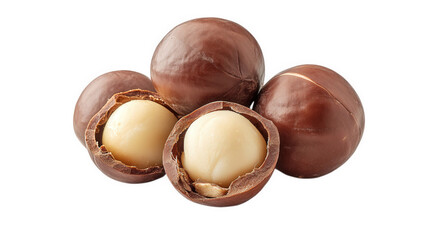 several macadamia nuts. some whole and others halved. revealing their creamy white inner kernels the nuts have a shiny brown shell and are presented against a clean. white background. emphasizing thei