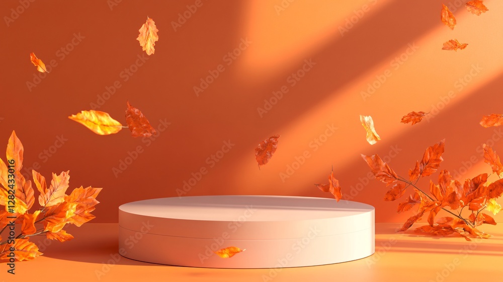 Poster empty podium with falling autumn leaves creating a festive atmosphere