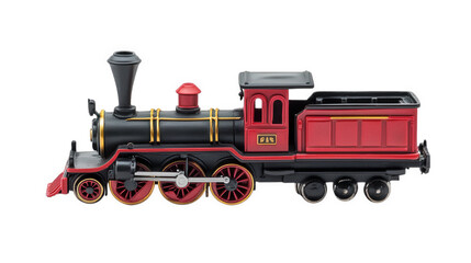 classic model steam locomotive. showcasing a vibrant red and black color scheme with gold accents this toy train is designed for play and display. appealing to both children and collectors its intrica