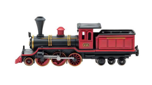 classic model steam locomotive. showcasing a vibrant red and black color scheme with gold accents this toy train is designed for play and display. appealing to both children and collectors its intrica