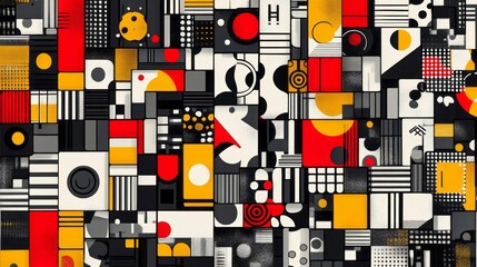 Abstract geometric pattern features circles squares lines and bold colors