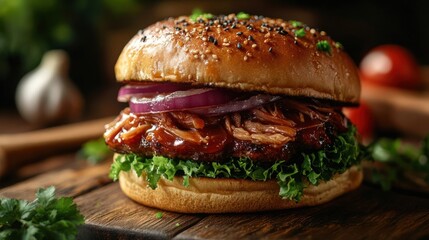 Burger with lettuce, onions, and tomato on a bun