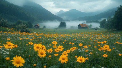 Spring landscape of a misty mountain valley with wildflowers blooming in vibrant colors