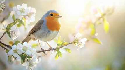 Fototapeta premium Robin perched on blossoming apple tree branch, spring morning light