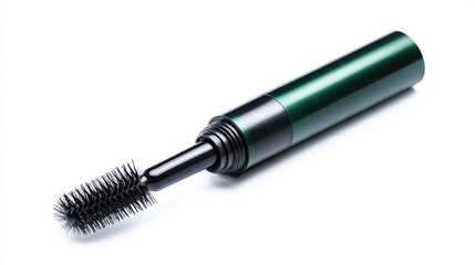 A sleek black mascara tube with an open brush, showcasing fine bristles for perfect lash application, isolated on white.