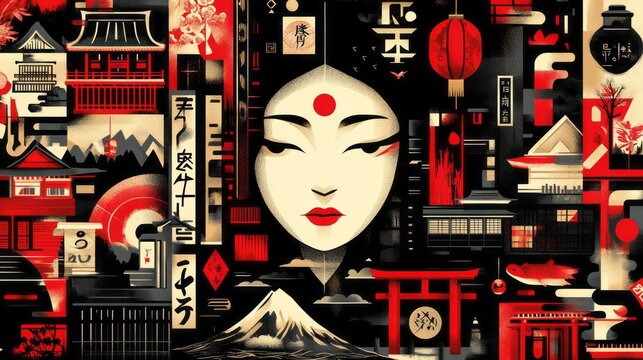 Abstract oriental artwork depicting geisha face with japanese elements