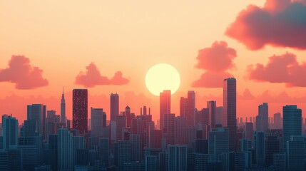 A vibrant sunset casts a warm glow over a modern city skyline, highlighting buildings against colorful clouds.