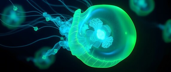 Obraz premium A digital rendering of a translucent jellyfish, pulsating with bioluminescent light, in vibrant greens and blues, using a smooth, almost glassy texture for the jellyfish's b.