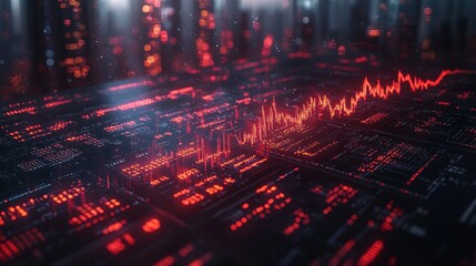 Futuristic cityscape with digital data streams and a fluctuating red graph overlay.