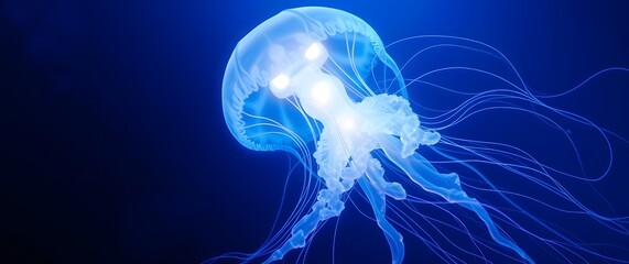 Obraz premium A digital rendering of a translucent jellyfish, pulsating with bioluminescent light, set against a deep ocean blue background, the jellyfish's tentacles flowing gracefully, .
