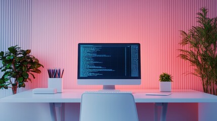 A modern, stylish workspace featuring a computer with code on the screen, plants, and a vibrant pink backdrop.
