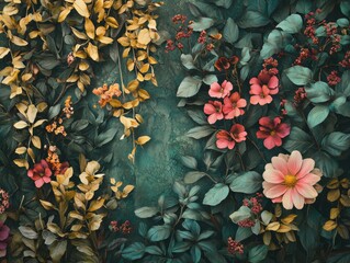 Vivid floral arrangement with diverse blooms and lush greenery in a calming palette