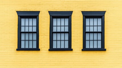 Fototapeta premium A striking architectural scene featuring three black-framed windows symmetrically placed on a bold yellow brick wall.