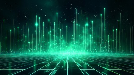 Digital abstract image of luminous green lines and grid