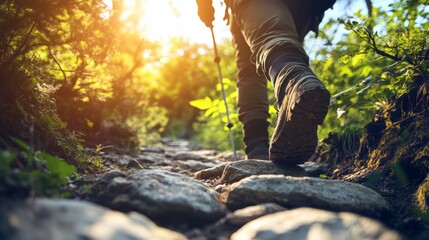 Hiker ascending with focus, stepping stones guide the way, embodying perseverance and progress.
