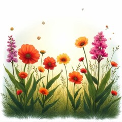 Fototapeta premium Vibrant Garden Scene with Colorful Wildflowers and Bees in a Bright Natural Setting