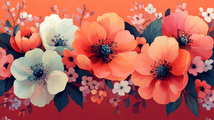 Spring pattern of seamless floral prints in vibrant coral, mint, and lavender hues