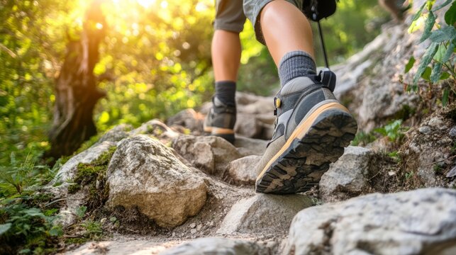 Hiker ascending with focus, stepping stones guide the way, embodying perseverance and progress.
