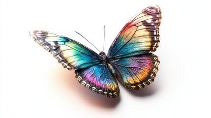 A stunningly beautiful butterfly with a metallic rainbow sheen on its wings, floating on a white background.