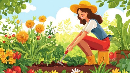 Woman tending her vibrant and colorful garden