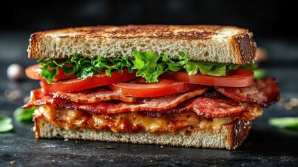 A BLT sandwich with crispy bacon, fresh lettuce, and juicy tomato on toasted bread