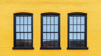 Obraz premium A stylish urban design featuring three large black windows against a bright yellow brick wall in perfect symmetry.