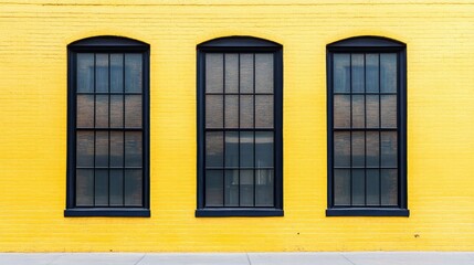 Obraz premium A stylish urban design featuring three large black windows against a bright yellow brick wall in perfect symmetry.