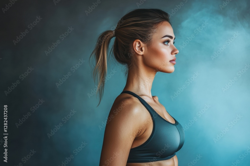 Poster body transformation showcasing fitness journey from overweight to toned in dynamic studio lighting. 