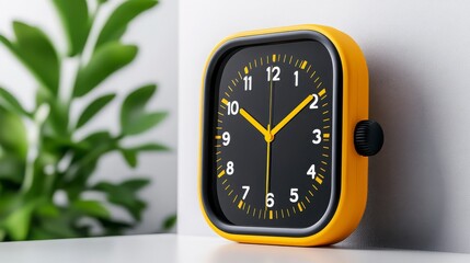 Modern Yellow Clock with Bold Black Face and Decorative Plant